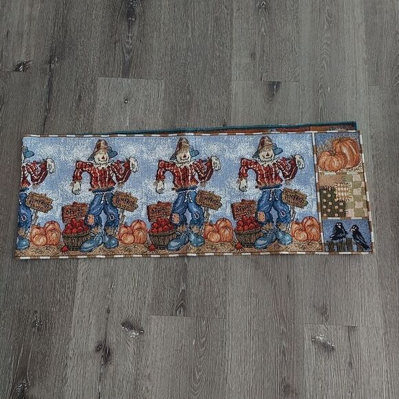 Fall Scarecrow Table Runner Tapestry Woven Autumn Farmhouse Country 70x13 - Picture 1 of 3